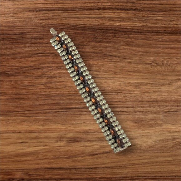 Vintage Rhinestone Bracelet With Amber Accents 6.5 Inch Gold-Tone Beaded Style - Picture 1 of 5